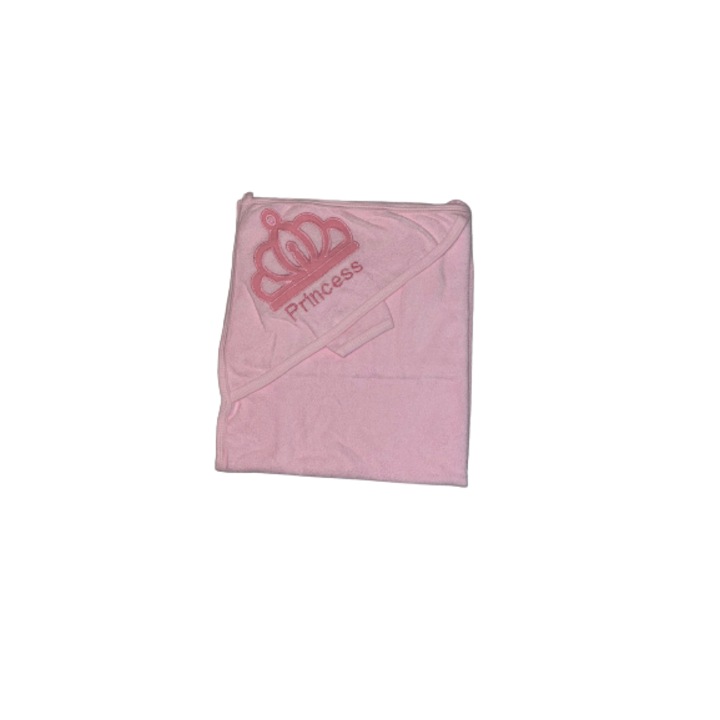 Set Prosop din bumbac cu gluga pentru bebelusi si copii si manusa, 90x75 cm, Princess, Roz