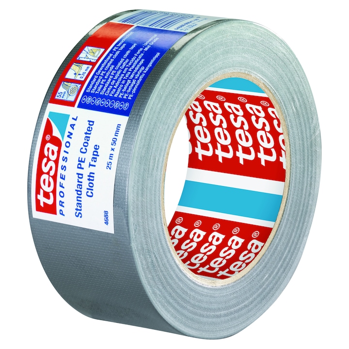 Banda adeziva tesa® Professional 4688 textila cu insertii PE, 25m x 50mm, gri