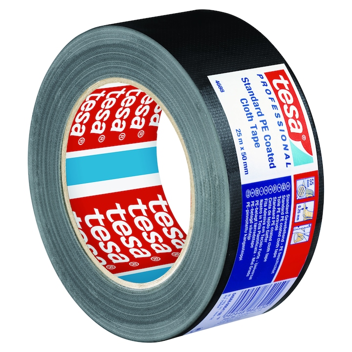 Banda adeziva tesa® Professional 4688 textila cu insertii PE, 25m x 50mm, negru