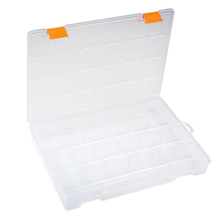 Set 4 cutii depozitare si organizare, cu capac, transparent, 21 compartimente, 20.3 x 27.6 x 4.2 cm