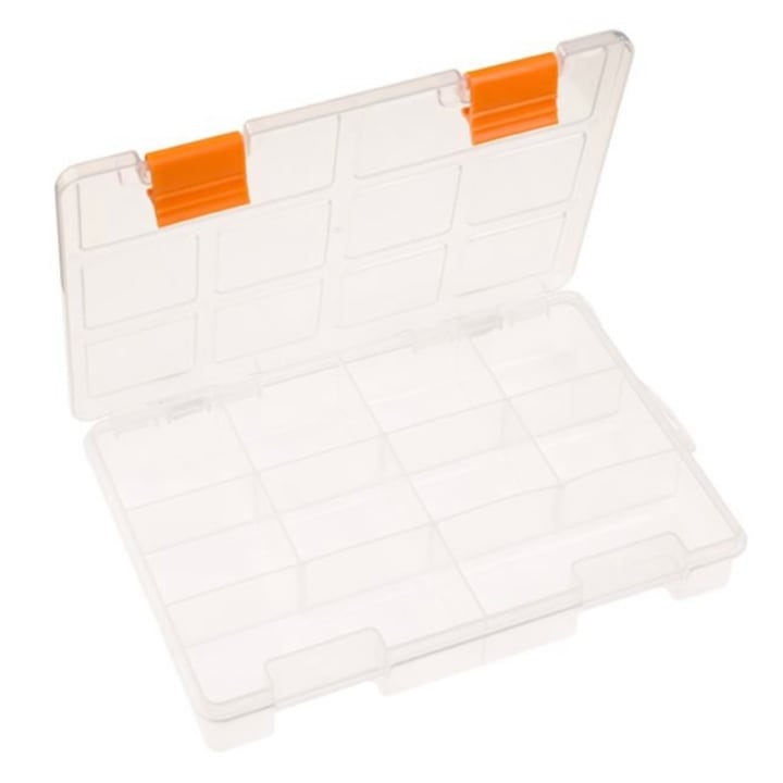 Cutie depozitare si organizare, cu capac, cu 10 compartimente, pentru obiecte mici sau pescuit, transparent, 19.5x14x3 cm