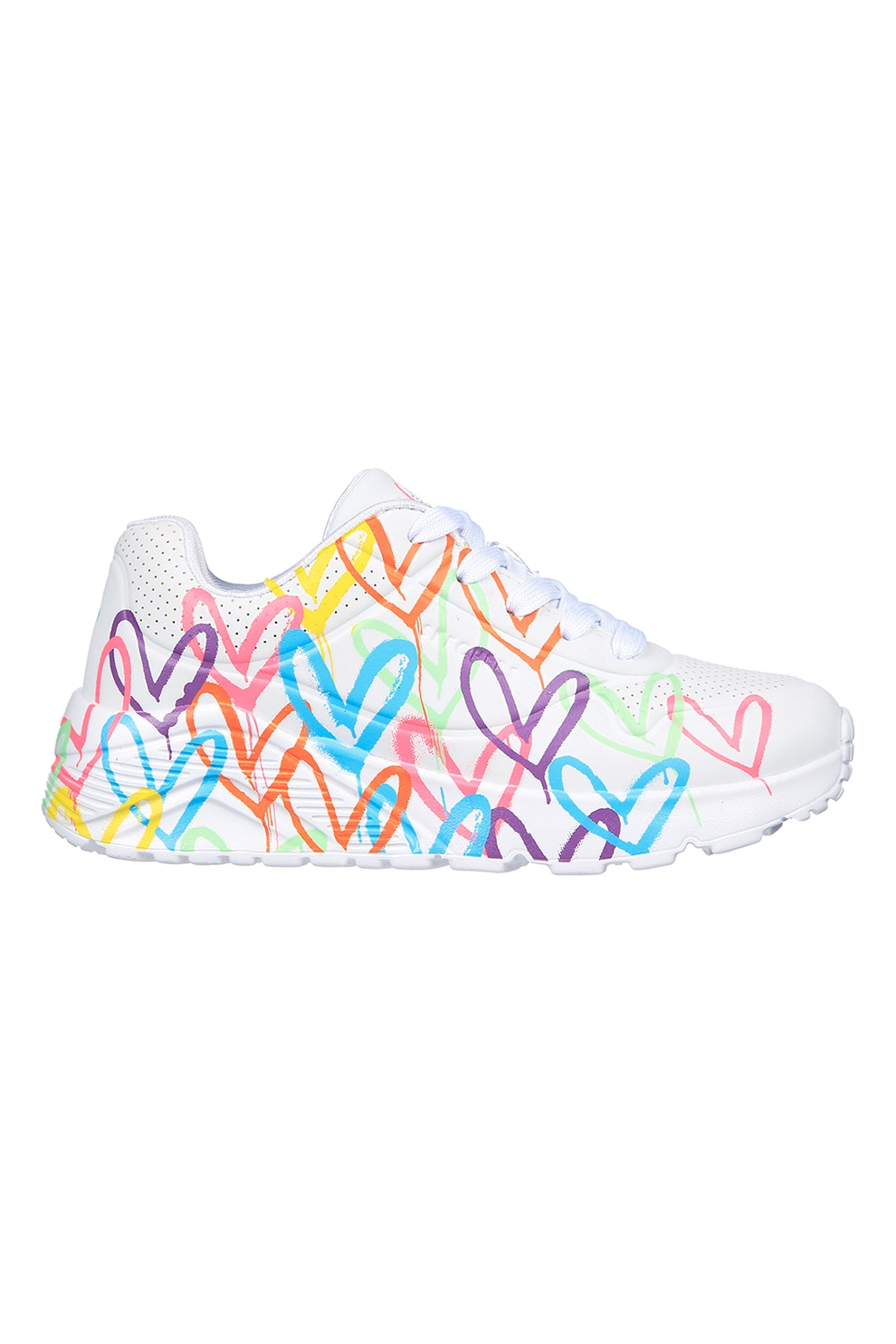 Skechers, Pantofi sport cu imprimeu cu inimi Uno Lite - Spread, Rosu, Alb, Violet, 29 EU