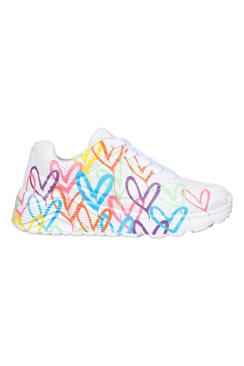 Skechers, Pantofi sport cu imprimeu cu inimi Uno Lite - Spread, Rosu/Alb/Violet