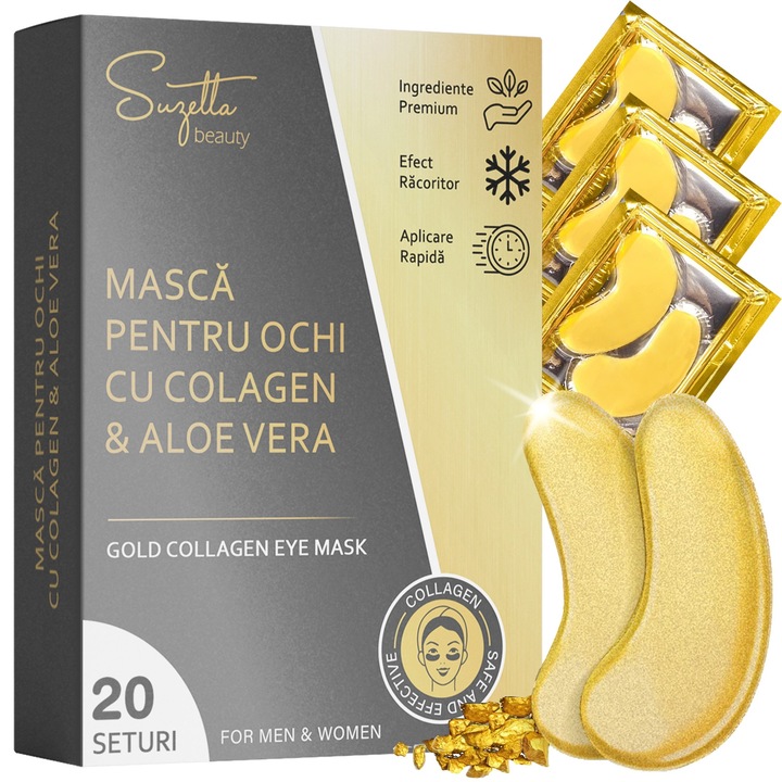 Masca hidratanta, plasturi pentru ochi - AntiCearcan, AntiRiduri, Nano particule de Aur, Colagen, Extract AloeVera, Vitamina B3+C+E, Zinc, Jojoba Esters, orice tip de ten, 20 Seturi ( 40 bucati ), Suzetta Beauty