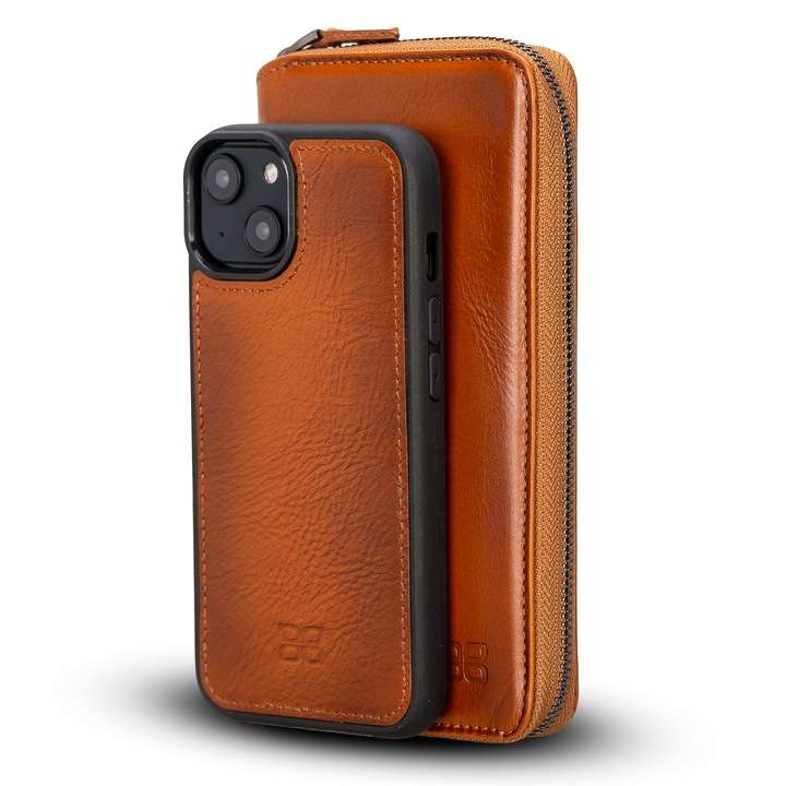 Комплект калъф и портфейл за iPhone 14 Plus, Bouletta Pouch Magic Wallet, съвместим с MagSafe, с включен подвижен заден капак, 2в1, естествена кожа, лъскав тен