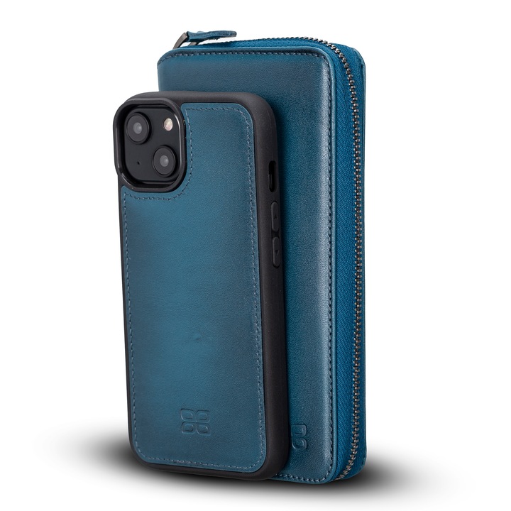 Комплект калъф и портфейл за iPhone 14 Plus, Bouletta Pouch Magic Wallet, MagSafe съвместим, с включен подвижен заден капак, 2в1, естествена кожа, Полирано синьо