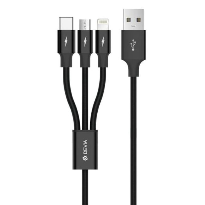 Cablu de date Devia Kintone Series, 3 In 1 Tube, USB tip lightning, MicroUSB si Type-c, 1.2m, Black