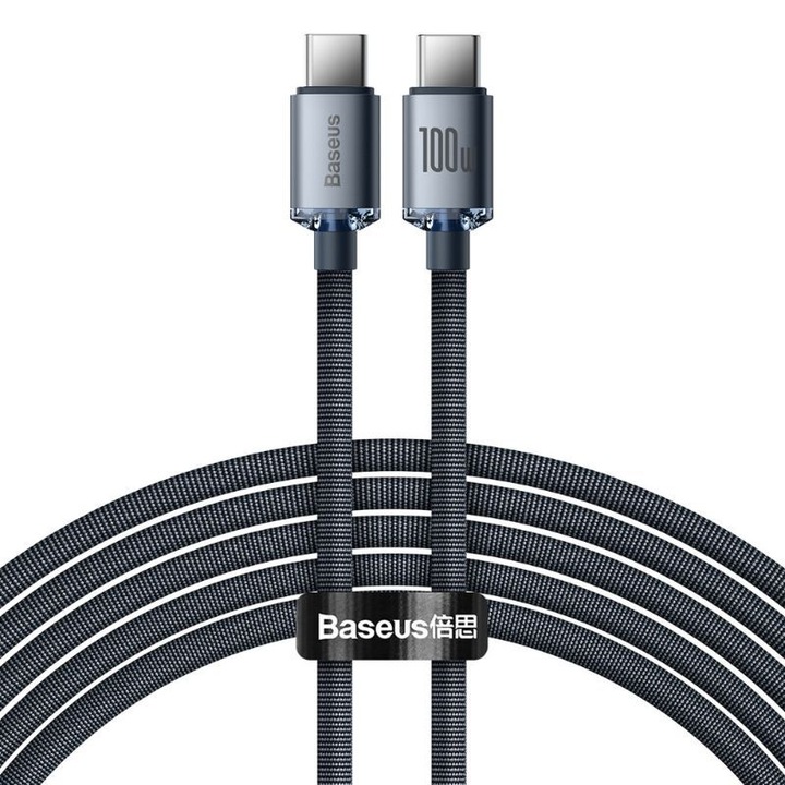 Cablu Baseus Crystal Shine, Fast Charge, USB-C la USB-C, 100W, 2m, Negru