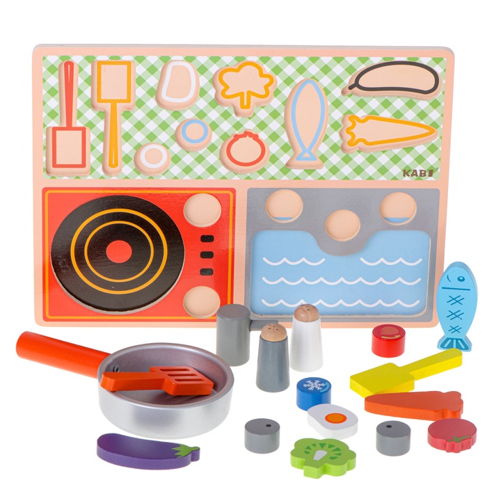 Set gatit de jucarie, Lemn, 3 ani+, 17 piese, Multicolor