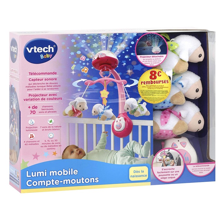 Бебешка кошара въртележка Vtech Baby Sheep Count, Розова с нощна светлина и успокояваща музика, 0 - 12 месеца