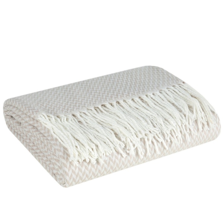 Patura impletita cu franjuri, Eurofirany, Acril, 130x170 cm, Bej/Alb