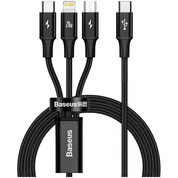 Кабел Type-C към MicroUSB+Lightning+Type-C Baseus 3 in 1 PD 20W, 1.5 м, Black