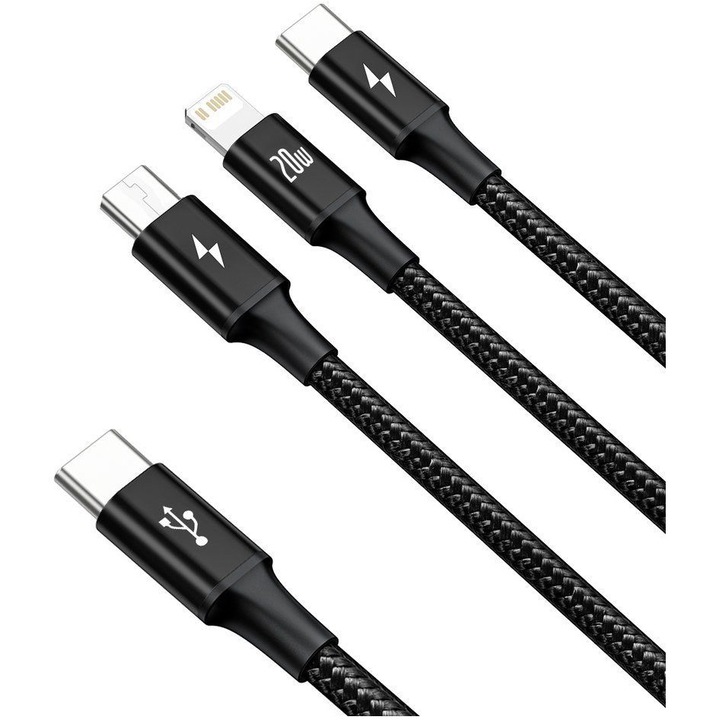Кабел Type-C към MicroUSB+Lightning+Type-C Baseus 3 in 1 PD 20W, 1.5 м, Black