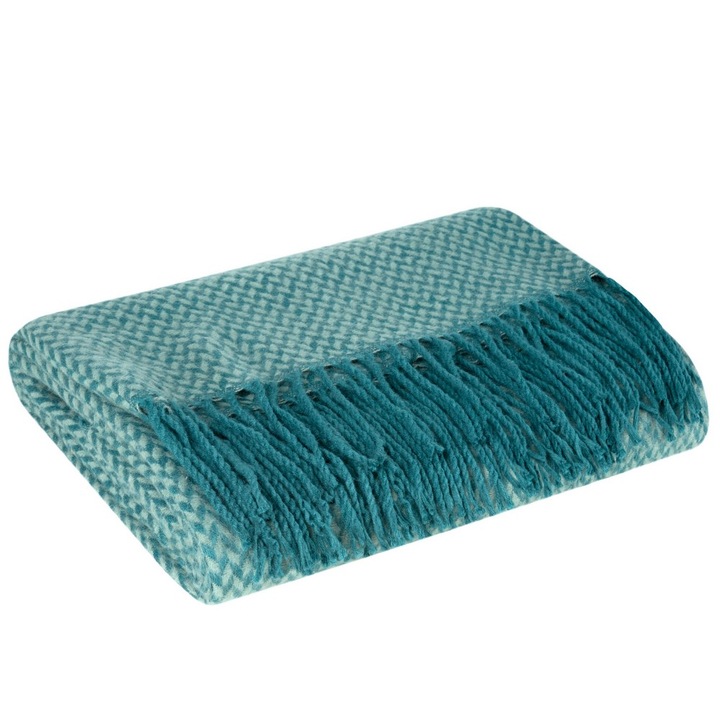 Patura impletita cu franjuri, Eurofirany, Acril, 130x170 cm, Verde menta/Turcoaz