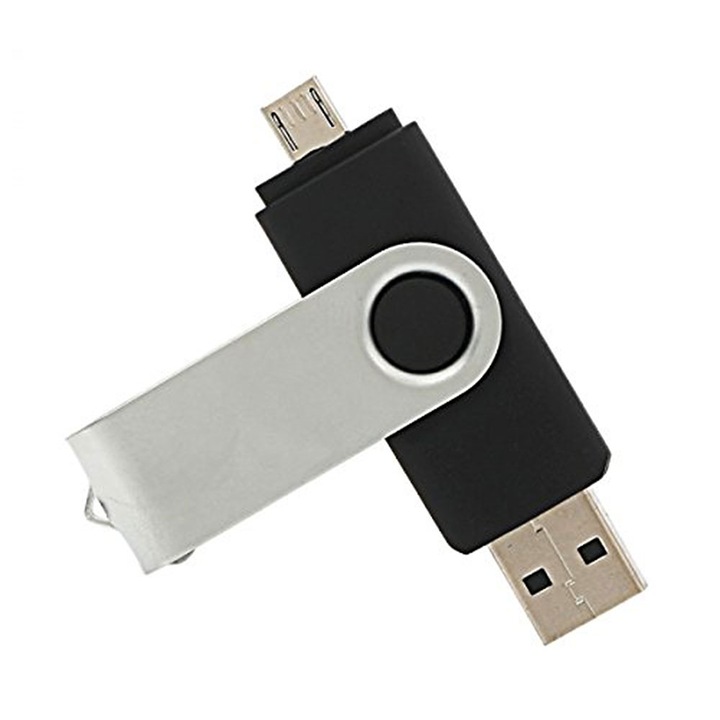 USB памет SIKS, 16 GB, 2 в 1, с USB 3.0 и micro-USB, Въртяща се на 360⁰, Водоустойчива, Съвместима с устройства с MicroUSB порт, OTG съвместимост, Високоскоростна, Сиво/Черно