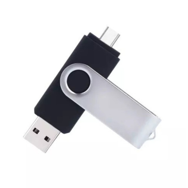 Флашка SIKS,16 GB, 2 IN 1, с USB 3.0 и Type-C, Въртящ се на 360⁰, Водоустойчив, Съвместим с устройства с порт тип C, OTG съвместимост, Сив/Черен