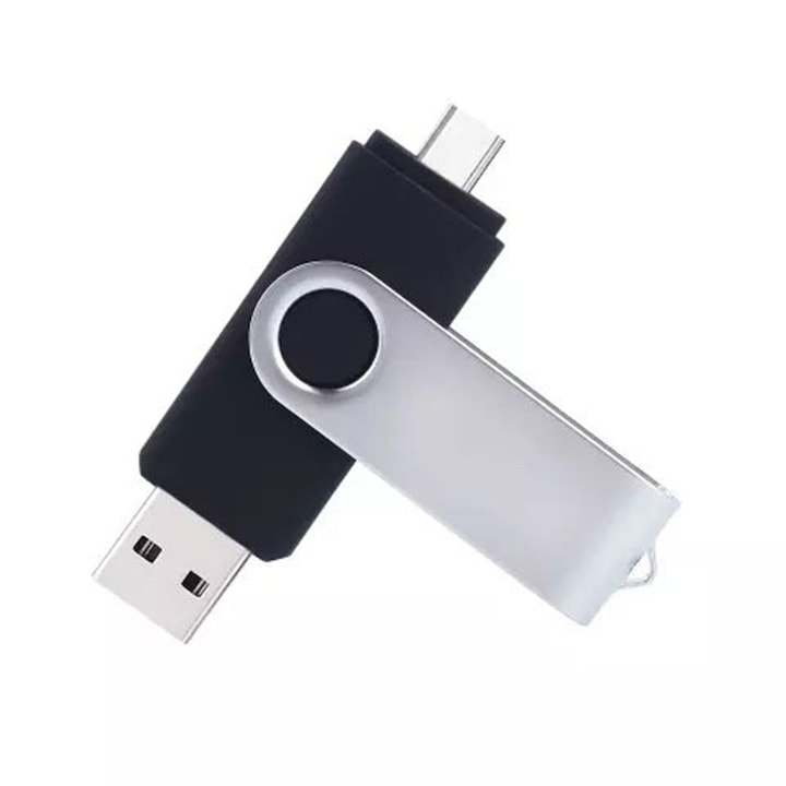 Флашка SIKS, Memory Stick, 128 GB, 2 IN 1, с USB 3.0 и Type-C, въртящ се на 360⁰, Водоустойчив, Съвместим с устройства с порт тип C, OTG съвместимост, Сив/Черен