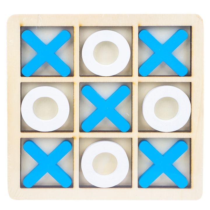 Joc interactiv Tic-Tac-Toe, X si 0 din lemn, Lemn / Alb / Albastru, Robentoys