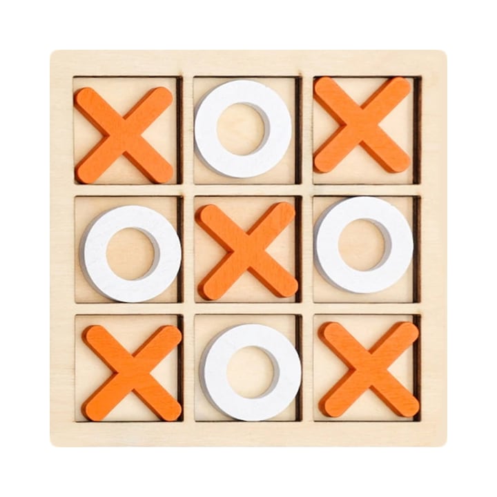 Joc interactiv Tic-Tac-Toe, X si 0 din lemn, Lemn / Alb / Portocaliu, Robentoys