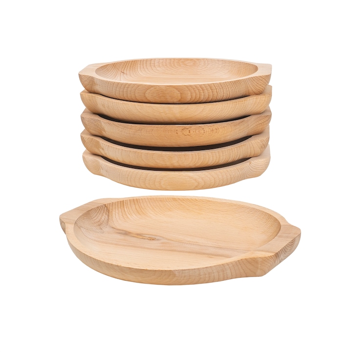 Set 6 farfurii din lemn de fag, forma rotunda, 24x22cm / EXT 6182