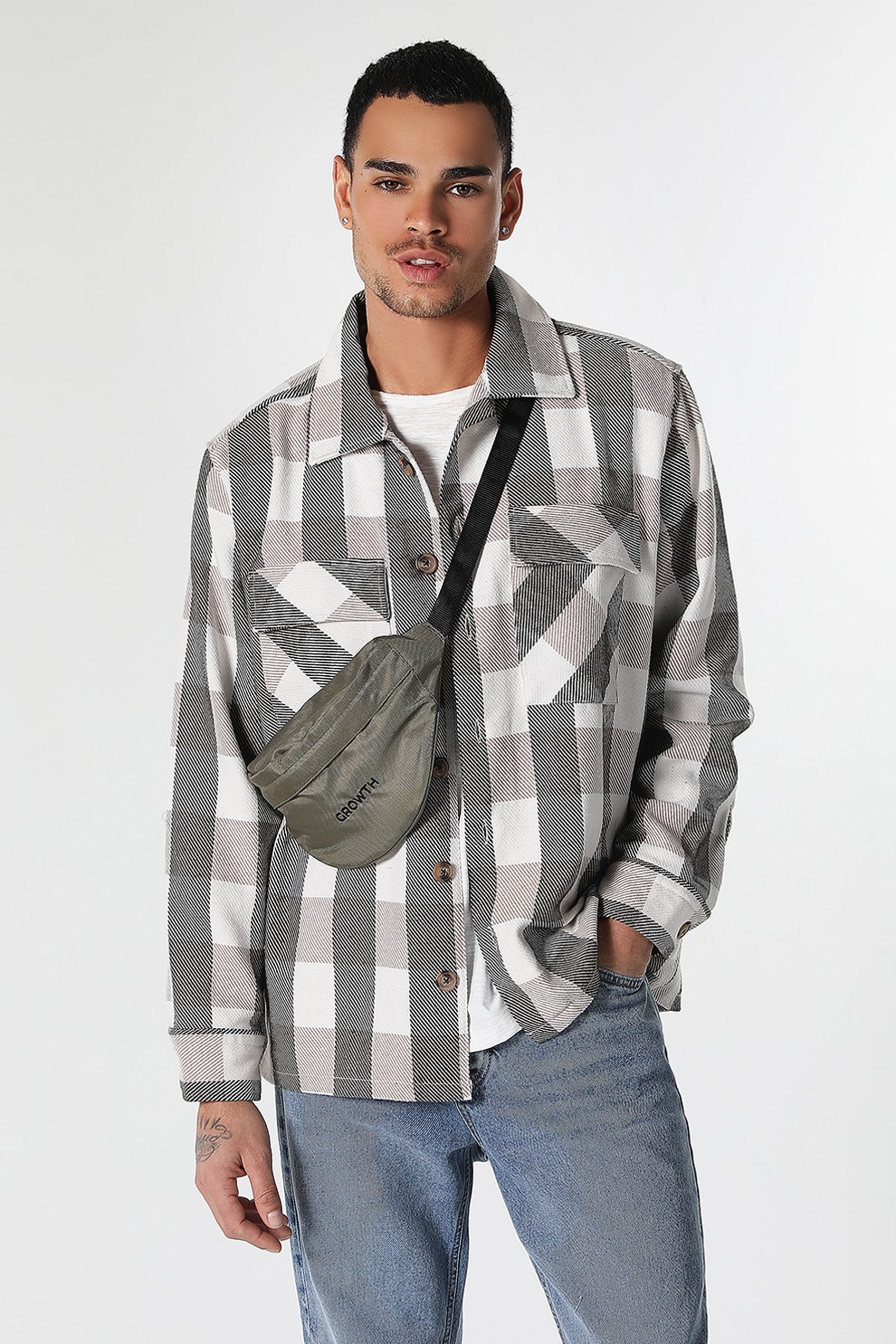 COLIN'S, Camasa in carouri cu buzunare cu clapa, Alb, Maro nisip, S