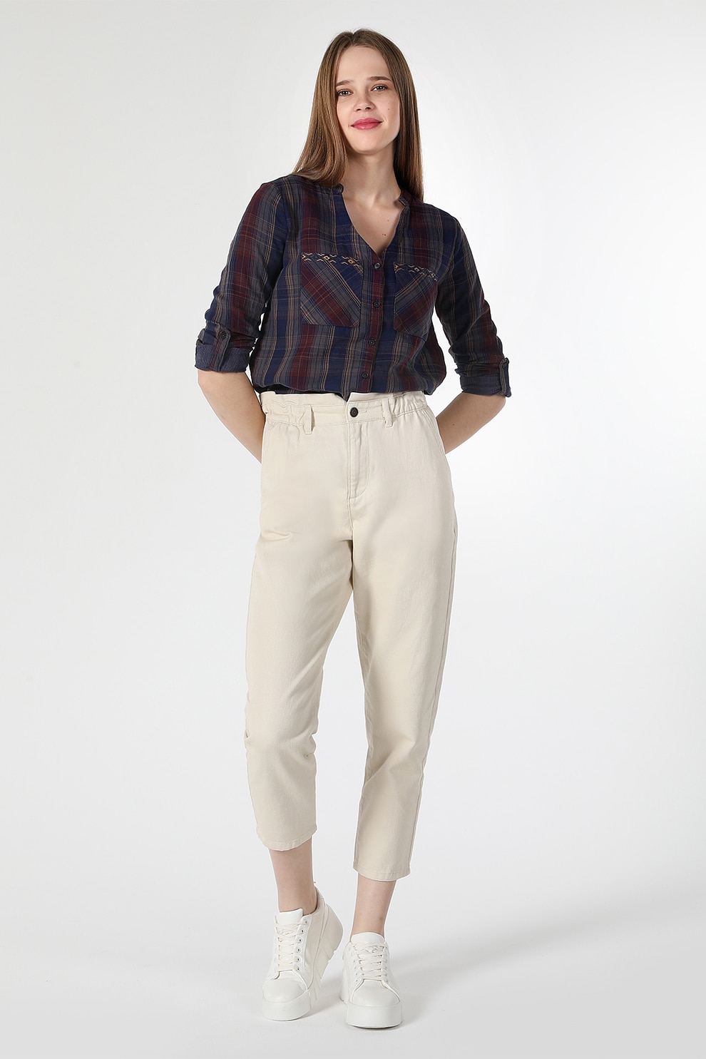 COLIN'S, Camasa cu decolteu in V si model in carouri, Albastru marin, XS