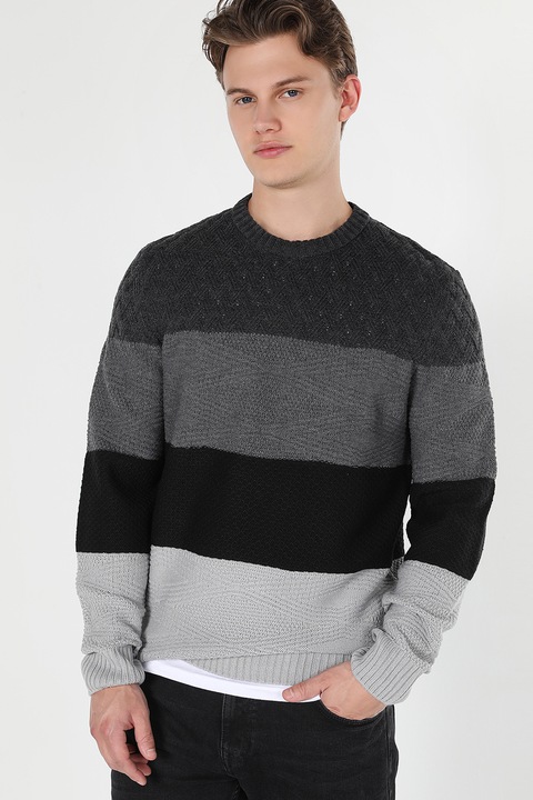 COLIN'S, Pulover cu decolteu la baza gatului si model in dungi, Gri melange