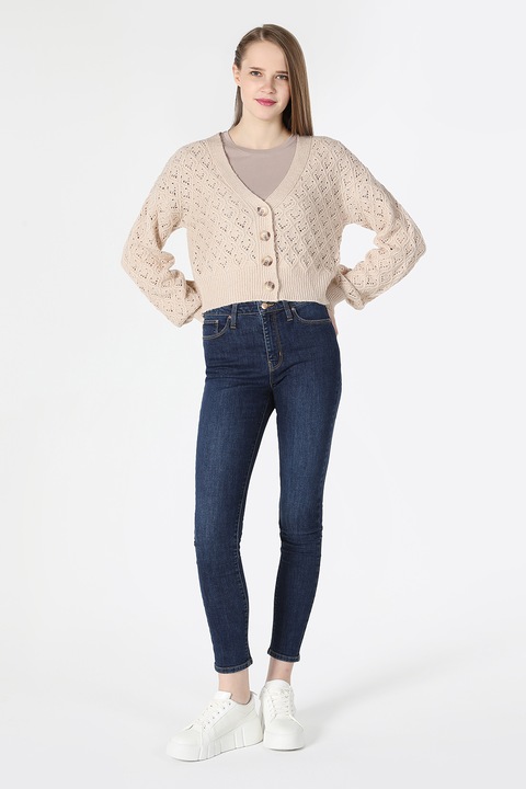 COLIN'S, Cardigan crop cu decolteu in V si model cu perforatii, Bej