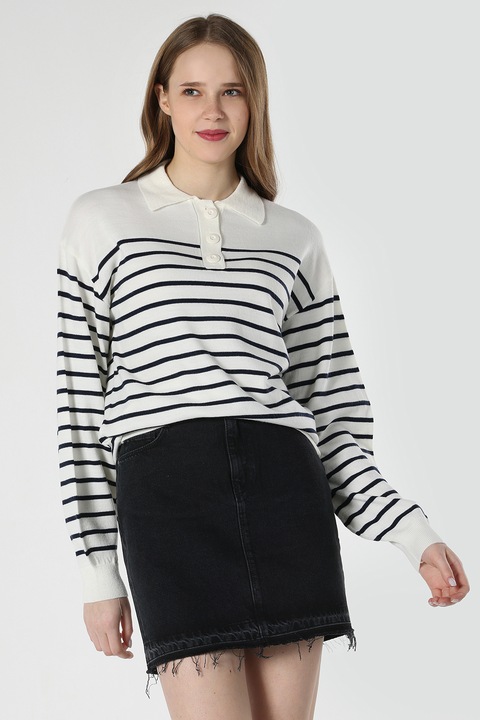 COLIN'S, Pulover cu model in dungi si guler ascutit, Alb/Bleumarin