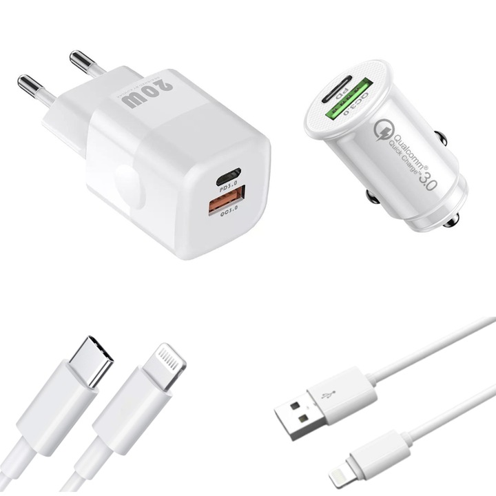 QUANDE töltő készlet, 4 db, 1 db töltő 20 W PD Type-C, USB QC, 1 db autós adapter 20 W PD Type-C, USB QC, iPhone 14, 13, 12,11, XsMax, 1 db Lighting usb-A, 1 db adatkábel Lighting usb-C, 1M