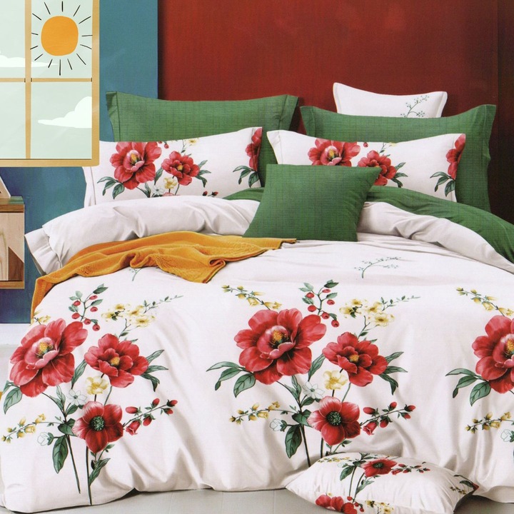 Спално спално бельо фино двойно памучно бельо 6 части 220 x 240 см, пролетни цветя, бяло зелено, Ralex Pucioasa M292