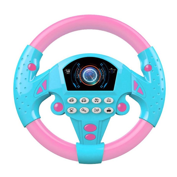 Volan interactiv de jucarie cu suport si ventuze, sunete si lumini, Roz