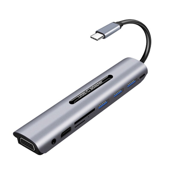 Adaptor convertor multiport 9in1 USB-C 3.1 Type-C la HDMI, VGA, USB 3.0, USB-C PD, Cititor SD / MicroSD, jack, pentru laptop, telefon, tableta, suporta 4k, negru
