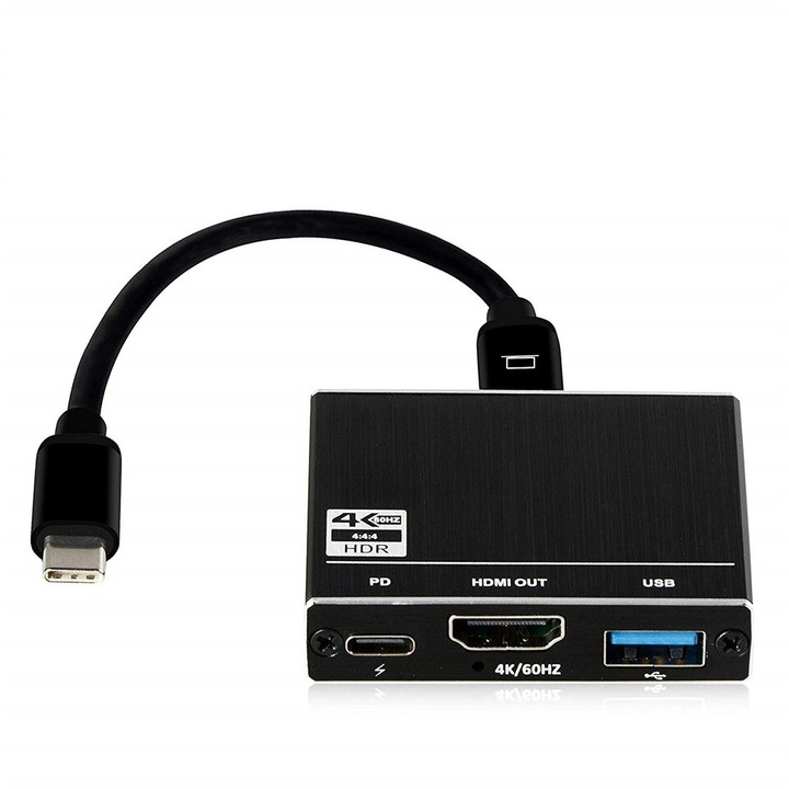 Adaptor convertor multiport 3in1 USB-C 3.1 Type C la HDMI / USB 3.0 / USB-C PD pentru telefon, laptop, tableta, Nintendo Switch, suporta 4k, negru