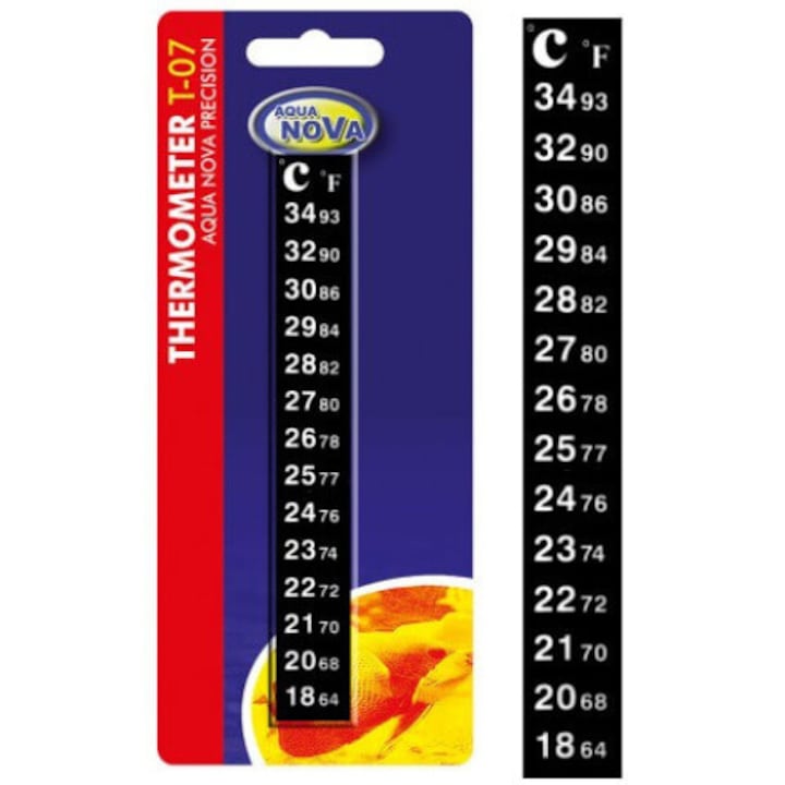 Termometru pentru acvariu cu apa dulce/marina, Aqua Nova, 18-34°C, 64-93°F, Negru