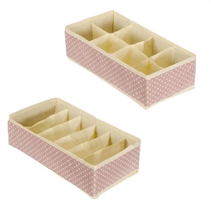 Set 2 organizatoare sertar, pentru lenjerie intima, sosete sau alte obiecte mici, roz, cu buline, 30 x 15 x 9 cm