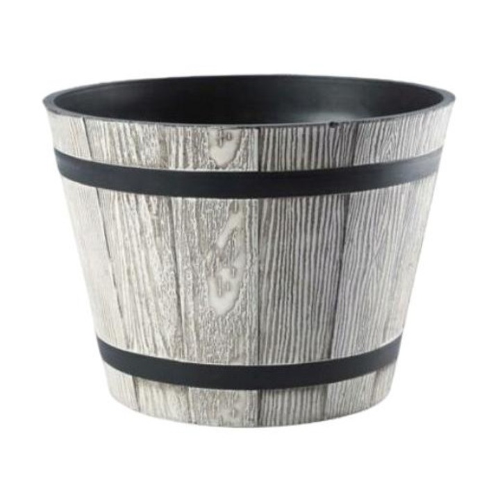 Ghiveci rotund, Galicja, MADERA, Model Lemn, Plastic, 40x22 cm, Gri/Negru