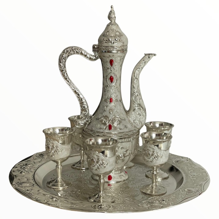 Set Carafa cu 6 pahare si tava, alpaca, model 2, 24 cm