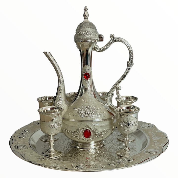 Set Carafa cu 6 pahare si tava, alpaca, model 1, 24 cm