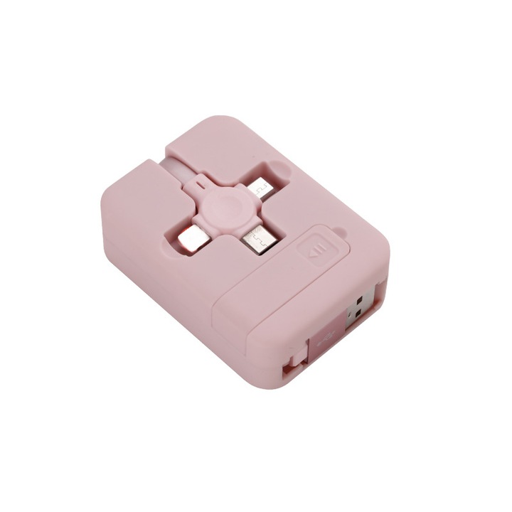 Кабел за данни 3-в-1, USB към Lightning/MicroUSB/USB-C, 1м, прибиращ се, розов
