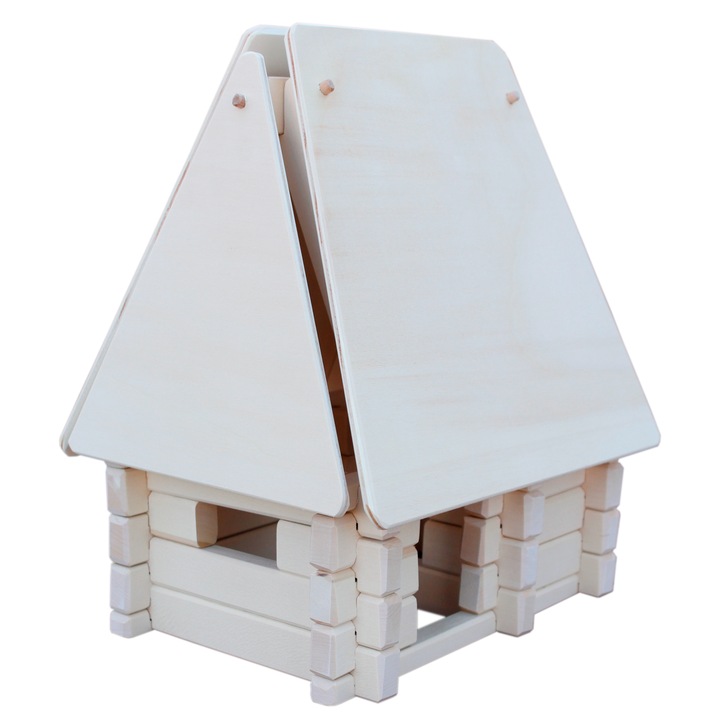 Set de construit, Casa cu tinda, Macheta Casa Traditionala, 39 elemente, lemn de tei slefuit