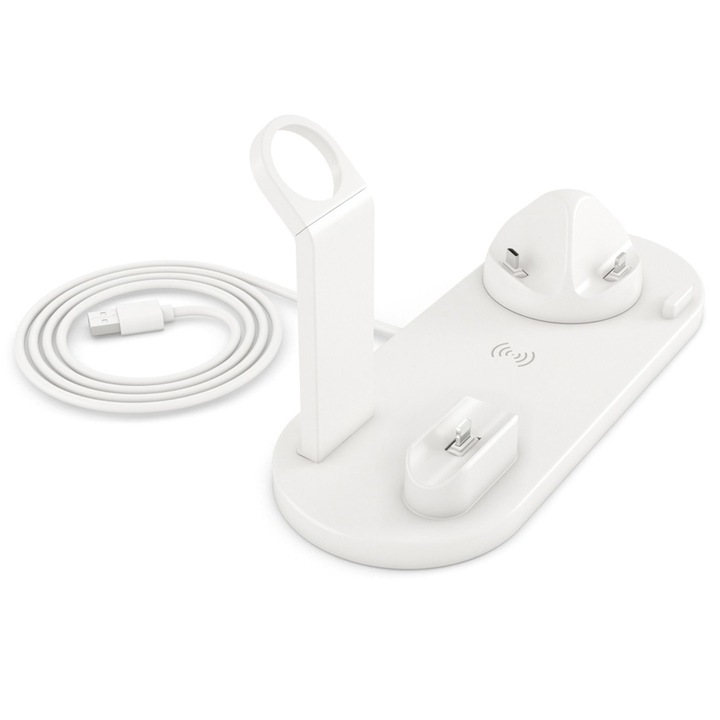 Incarcator Wireless 4 in 1 ZEQAS, Compatibil cu Toate Seriile Apple si Android, Statie de Incarcare pentru Telefon Mobil, Smartwatch si Casti, Incarcare Rapida 10W, Design Compact din Material ABS Durabil, Ideal pentru Birou si Acasa, Alb