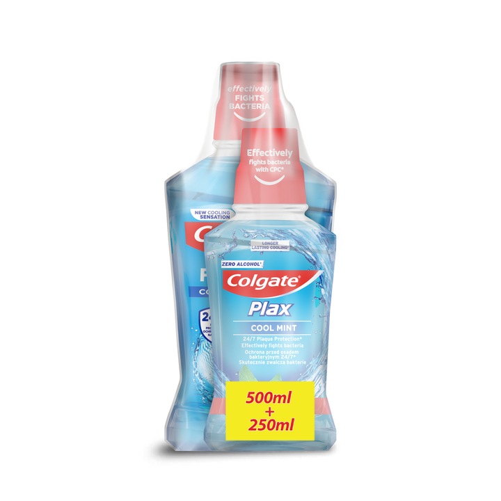 Комплект: Вода за уста Colgate Plax Cool Mint без алкохол, 500 мл + 250 мл