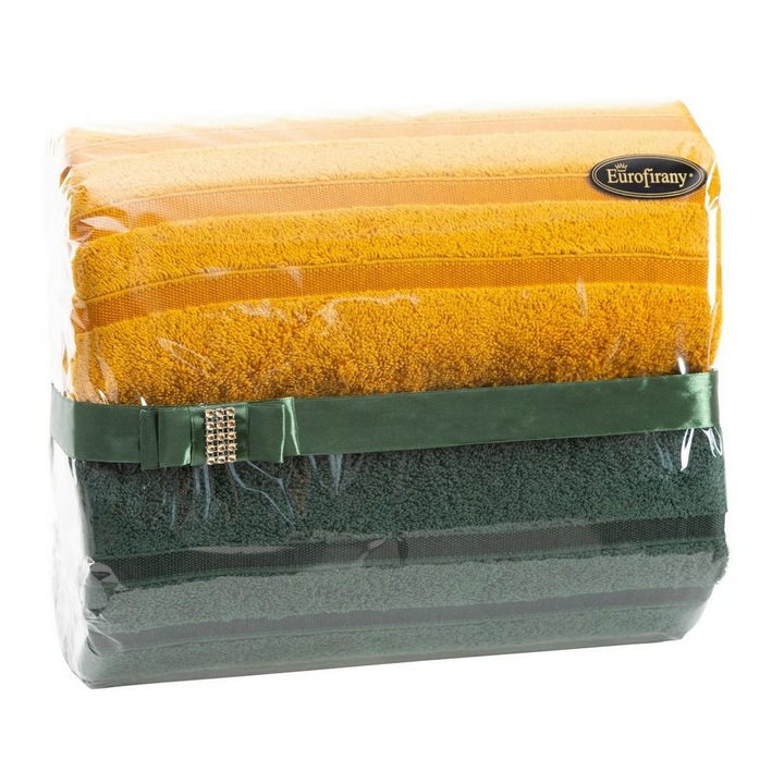 Комплект 2 кърпи за баня, Eurofirany, Madi, Cotton, 70 x 140 см, Тъмно зелено/Сарпено жълто