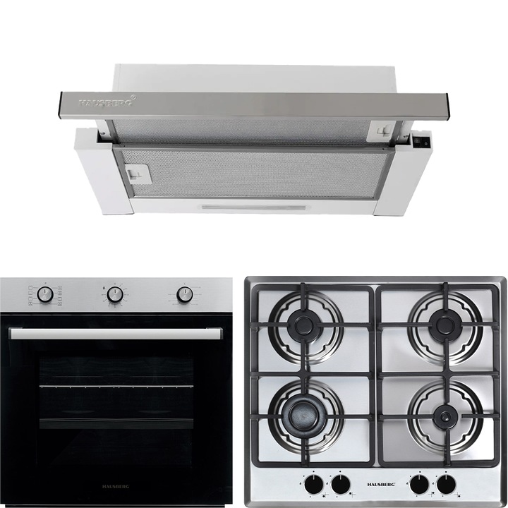 Pachet Cuptor electric Incorporabil Hausberg HB-8053IN, Clasa A, 71L, 2225W, Negru/Inox, Plita incorporabila HB-556IN, Gaz, 4 arzatoare, Gratar din fonta, Hota incorporabila telescopica HB-1285IN, Putere de absorbtie 420 m3/h, 2 motoare, 60 cm, Alb