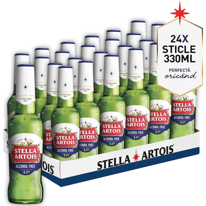 Bere Blonda Stella Artois 0.0% fara alcool, Sticla, 24 X 0.33L