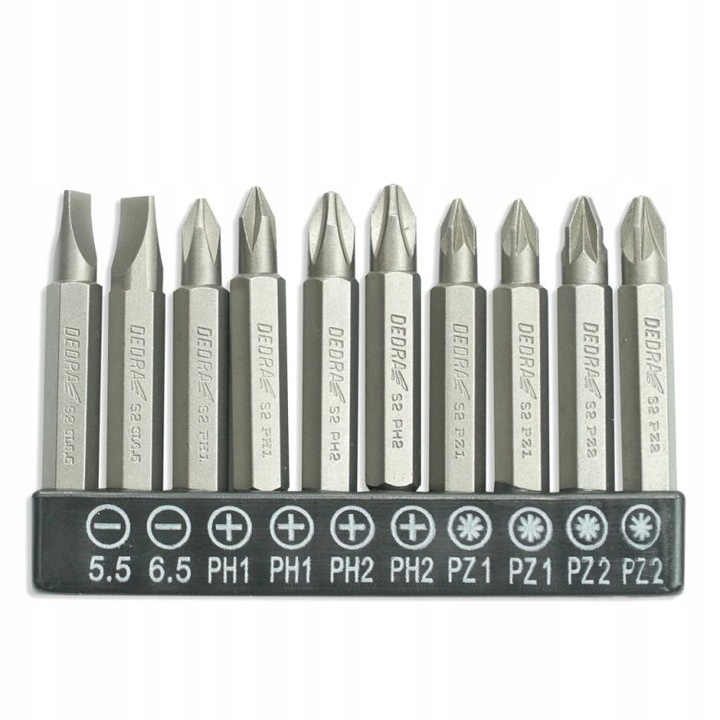 Set 10 biti pentru surubelnita, Dedra, Otel, 5.5/6.5/PH1x 2/PH2 x 2/PZ1 x 2/PZ2 x 2, Argintiu