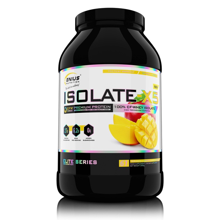 Proteine din zer Isolate-X5 Mango Shake 2000g, Pudra Genius Nutrition pentru masa musculara cu aroma de Mango
