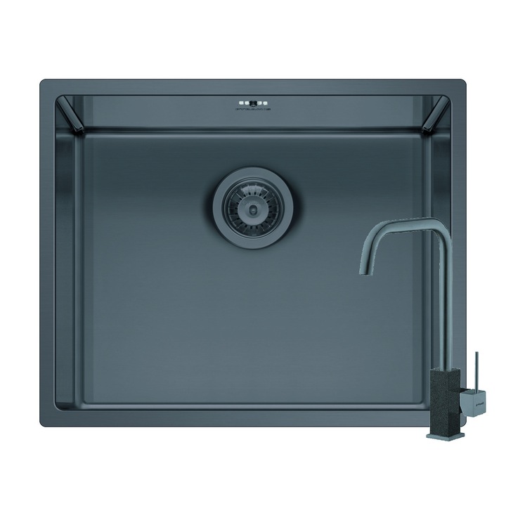 Pachet chiuveta si baterie Pyramis ASTRIS COLORA, dimensiune 50x40cm, adancime 20cm, baterie pipa inalta, finisaj inox PVD gun metal