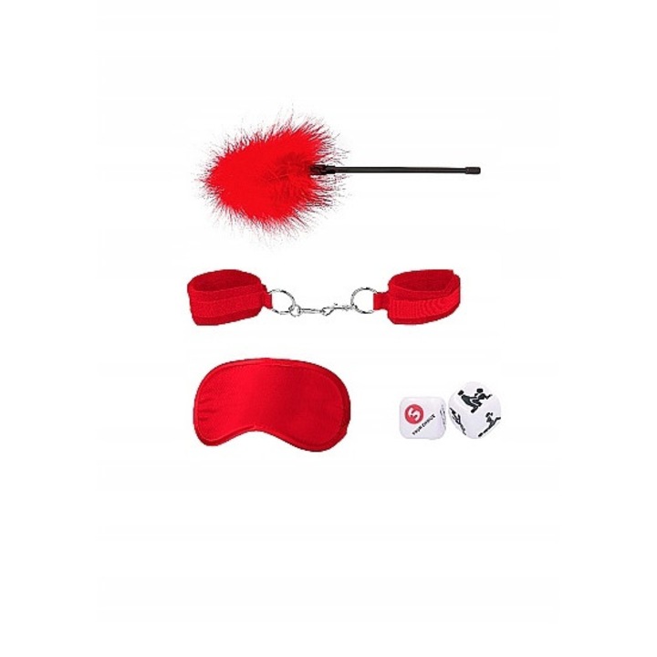 Kit introductiv pentru Bondage, Shots, Satin/Piele/Pana, 4 piese, Rosu